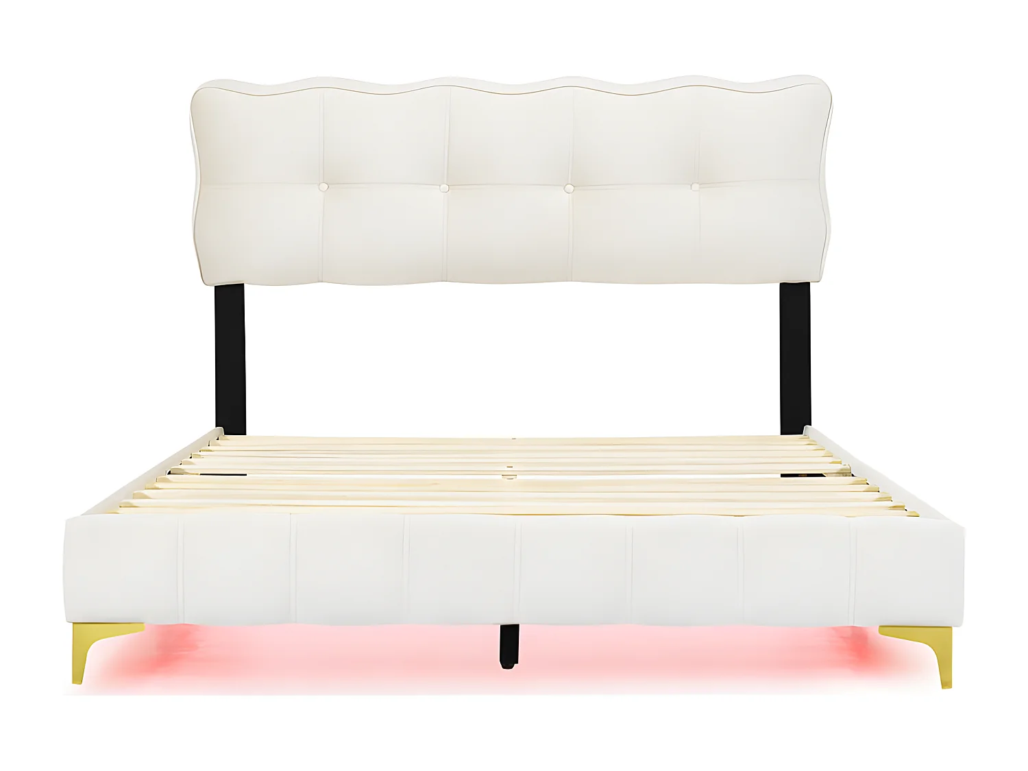 Lit enfant rembourré 140x200cm - avec éclairage LED sous le lit et sommier à lattes - Beige