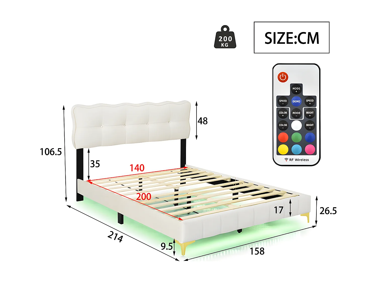 Lit enfant rembourré 140x200cm - avec éclairage LED sous le lit et sommier à lattes - Beige