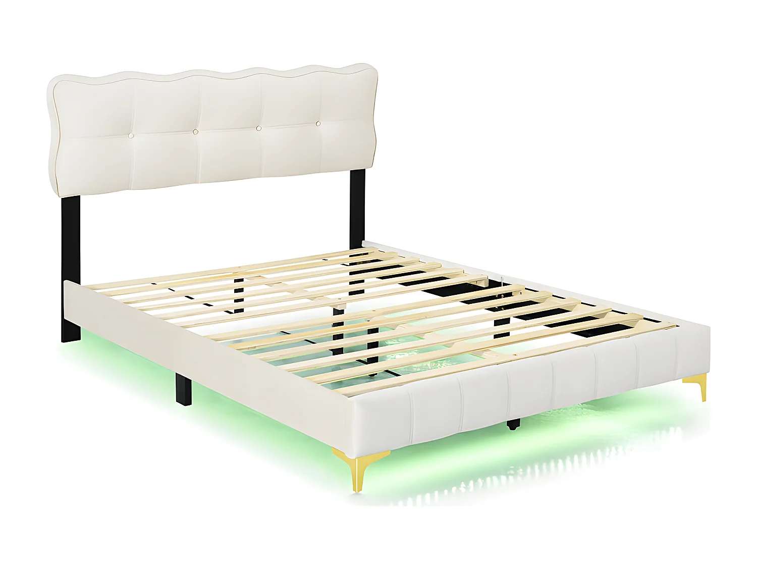 Lit enfant rembourré 140x200cm - avec éclairage LED sous le lit et sommier à lattes - Beige