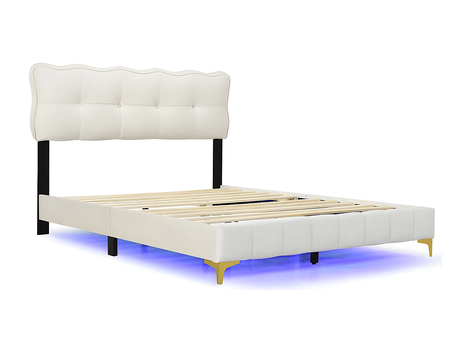 Lit enfant rembourré 140x200cm - avec éclairage LED sous le lit et sommier à lattes - Beige