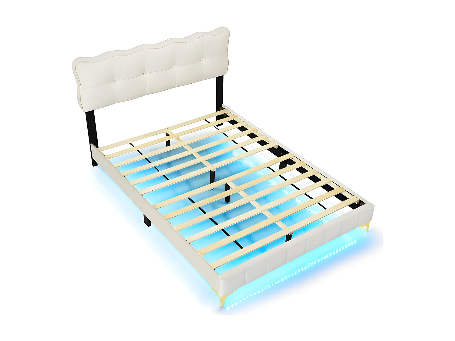 Lit enfant rembourré 140x200cm - avec éclairage LED sous le lit et sommier à lattes - Beige