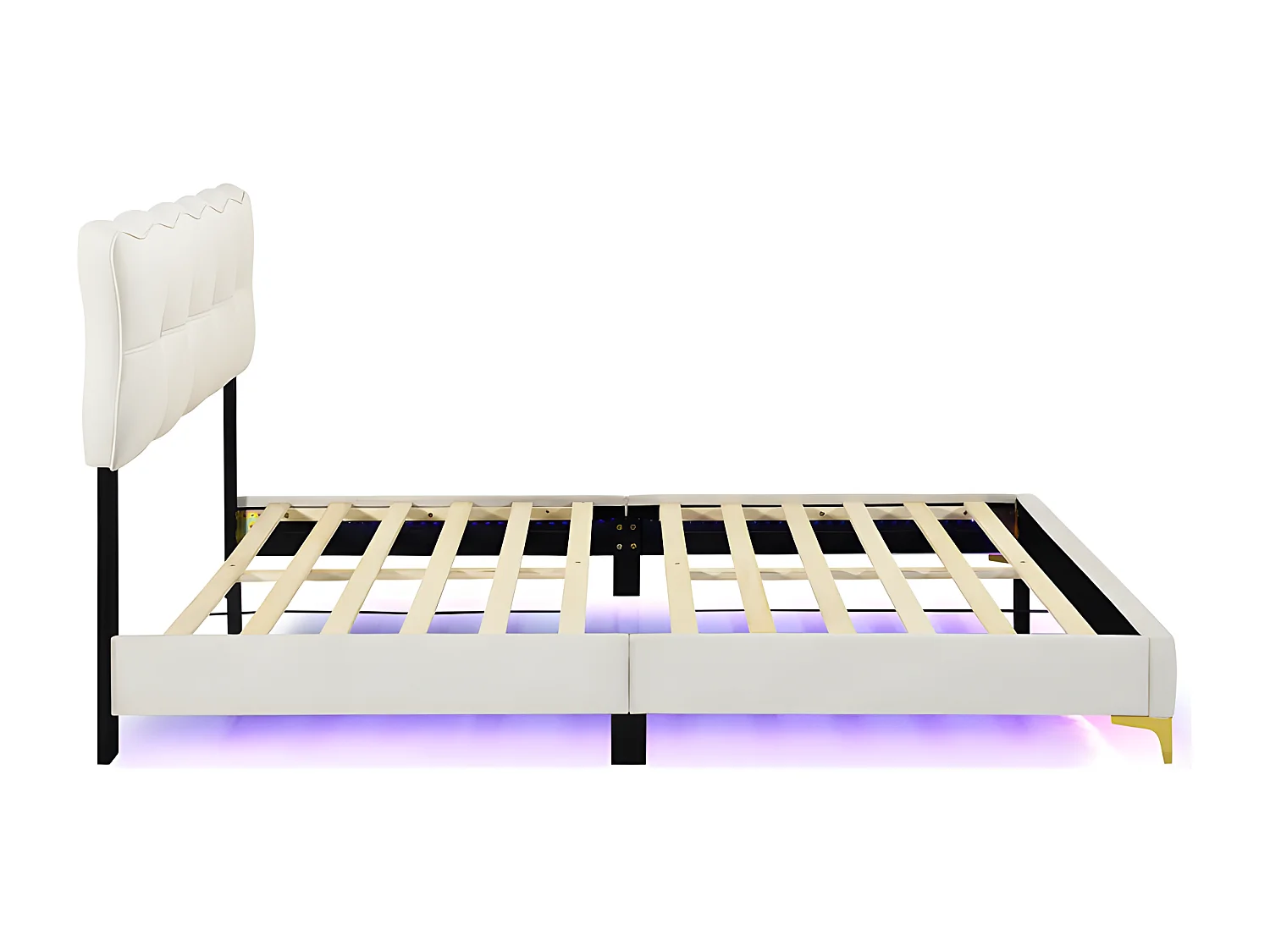 Lit enfant rembourré 140x200cm - avec éclairage LED sous le lit et sommier à lattes - Beige
