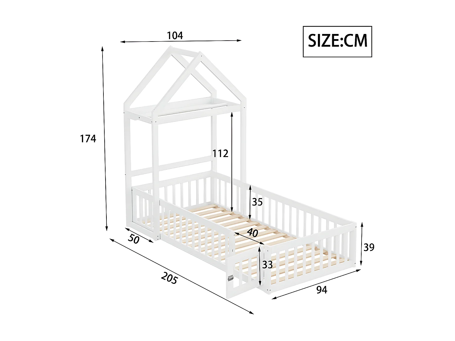 Kabinen-Kinderbett 90x200cm aus Massivholz – mit Kleiderstange – Weiß