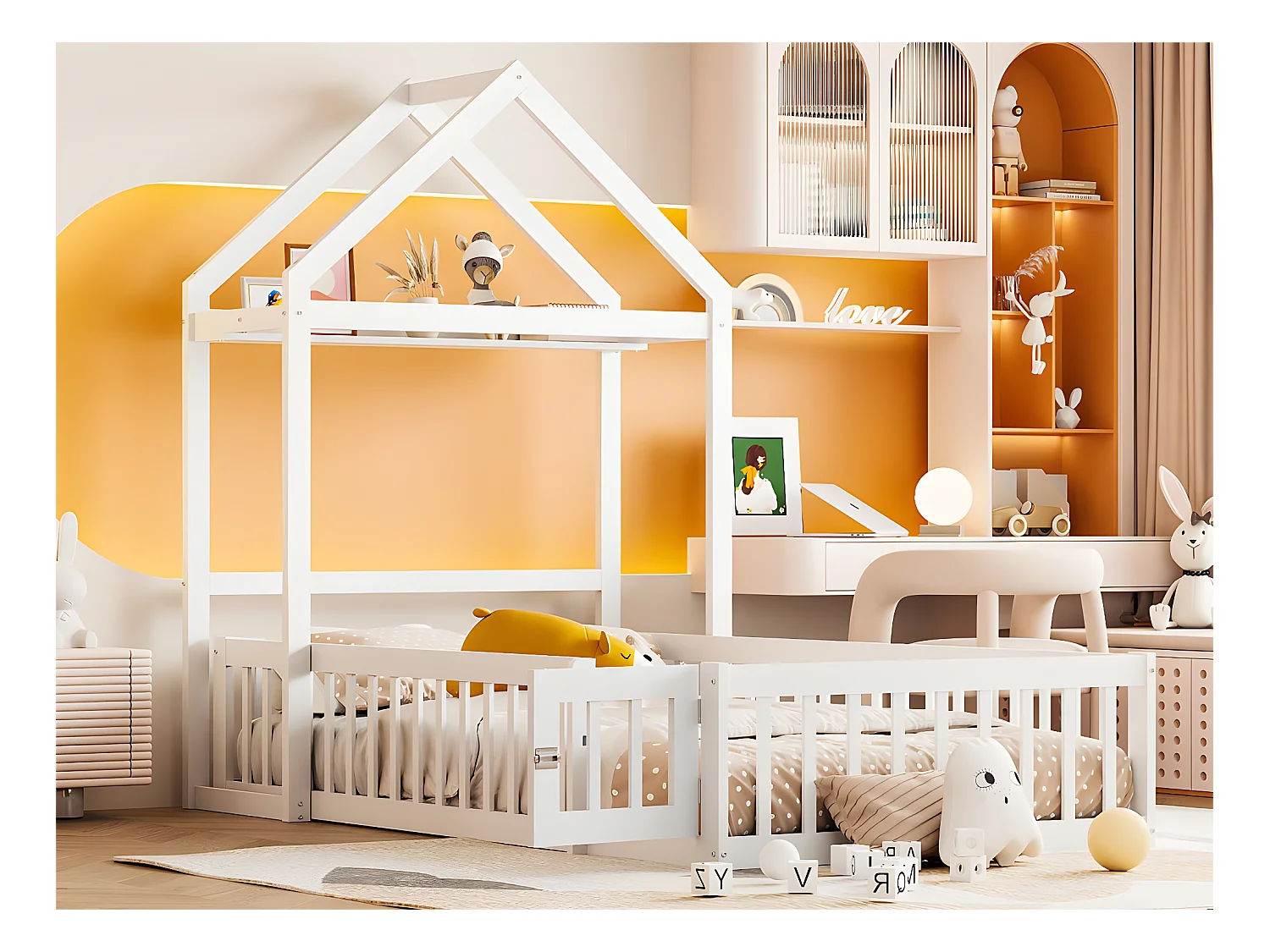 Lit enfant cabane 90x200cm en bois massif - avec tringle à vêtements - Blanc