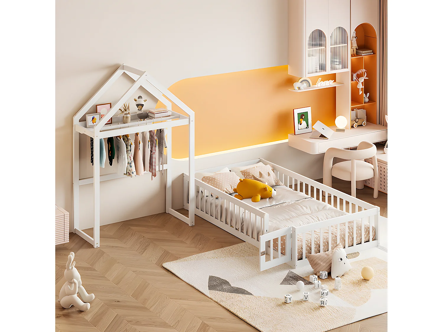 Lit enfant cabane 90x200cm en bois massif - avec tringle à vêtements - Blanc