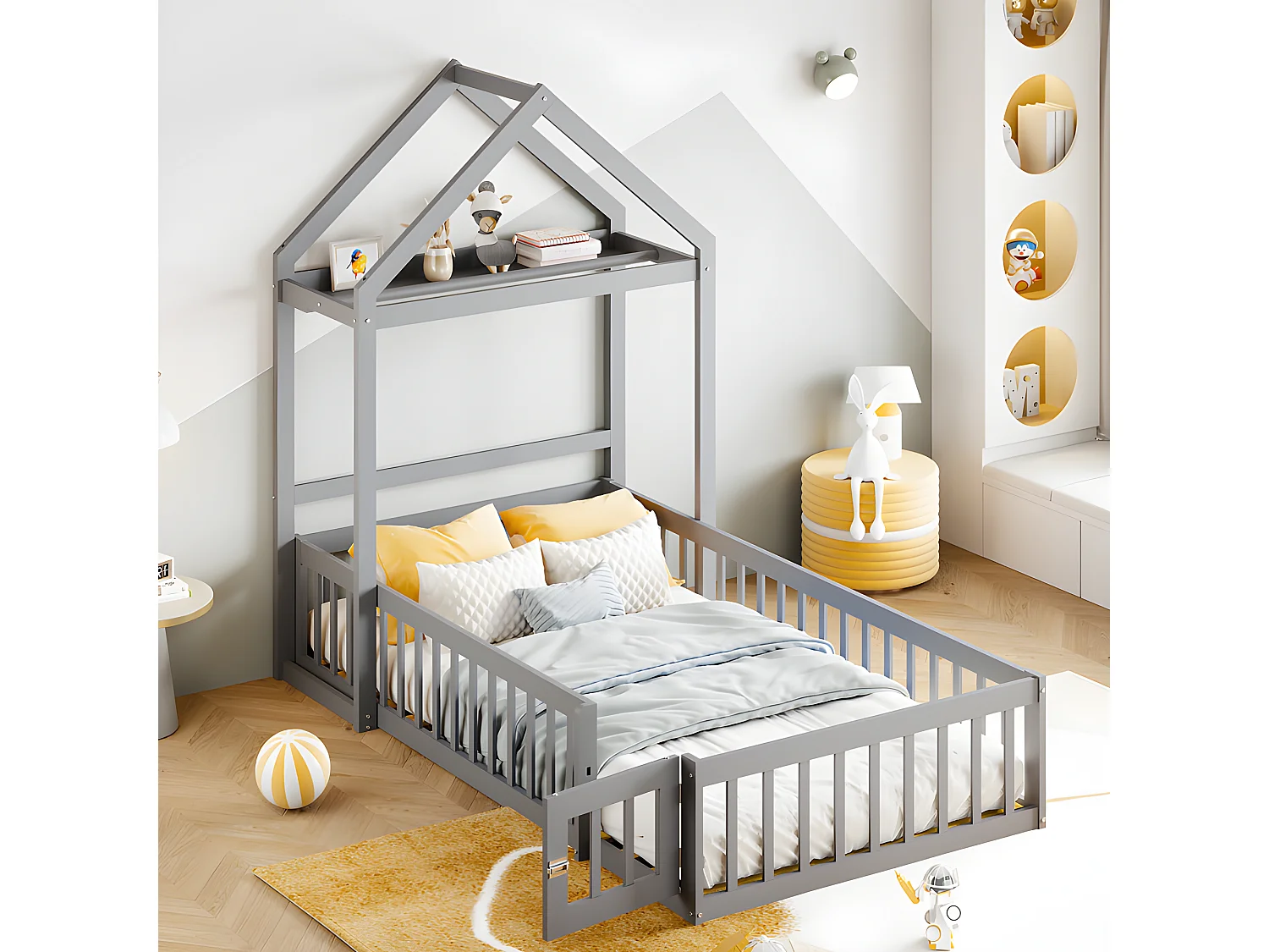 Lit enfant cabane 90x200cm en bois massif - avec tringle à vêtements - Gris