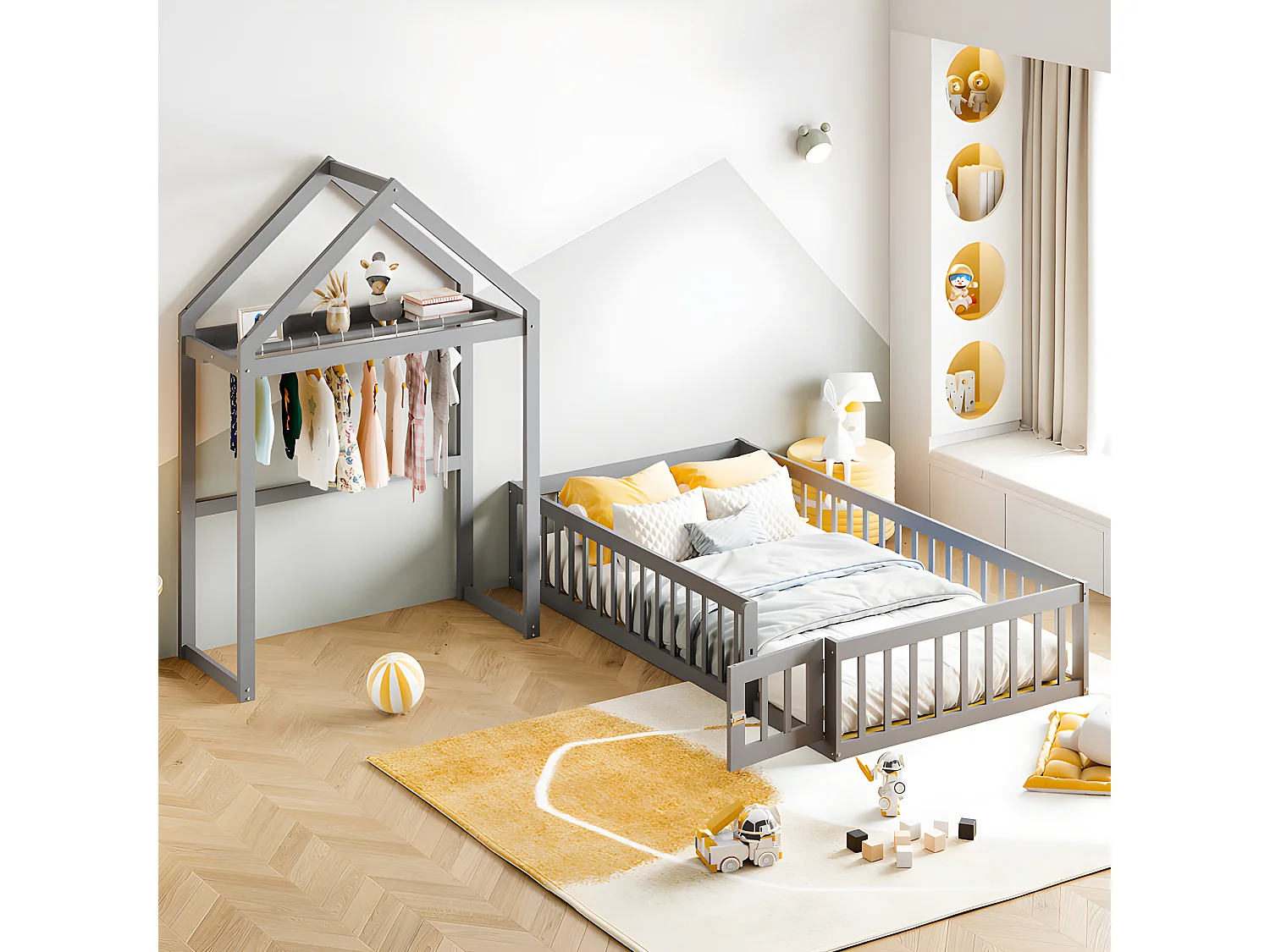 Lit enfant cabane 90x200cm en bois massif - avec tringle à vêtements - Gris