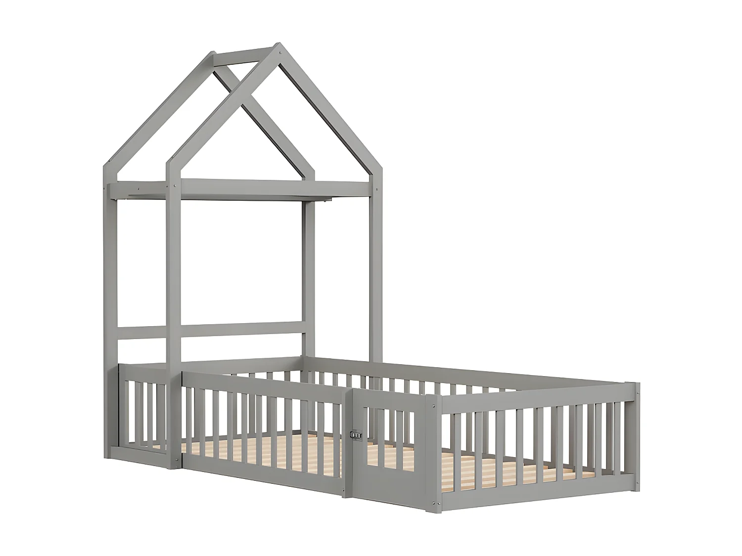 Lit enfant cabane 90x200cm en bois massif - avec tringle à vêtements - Gris
