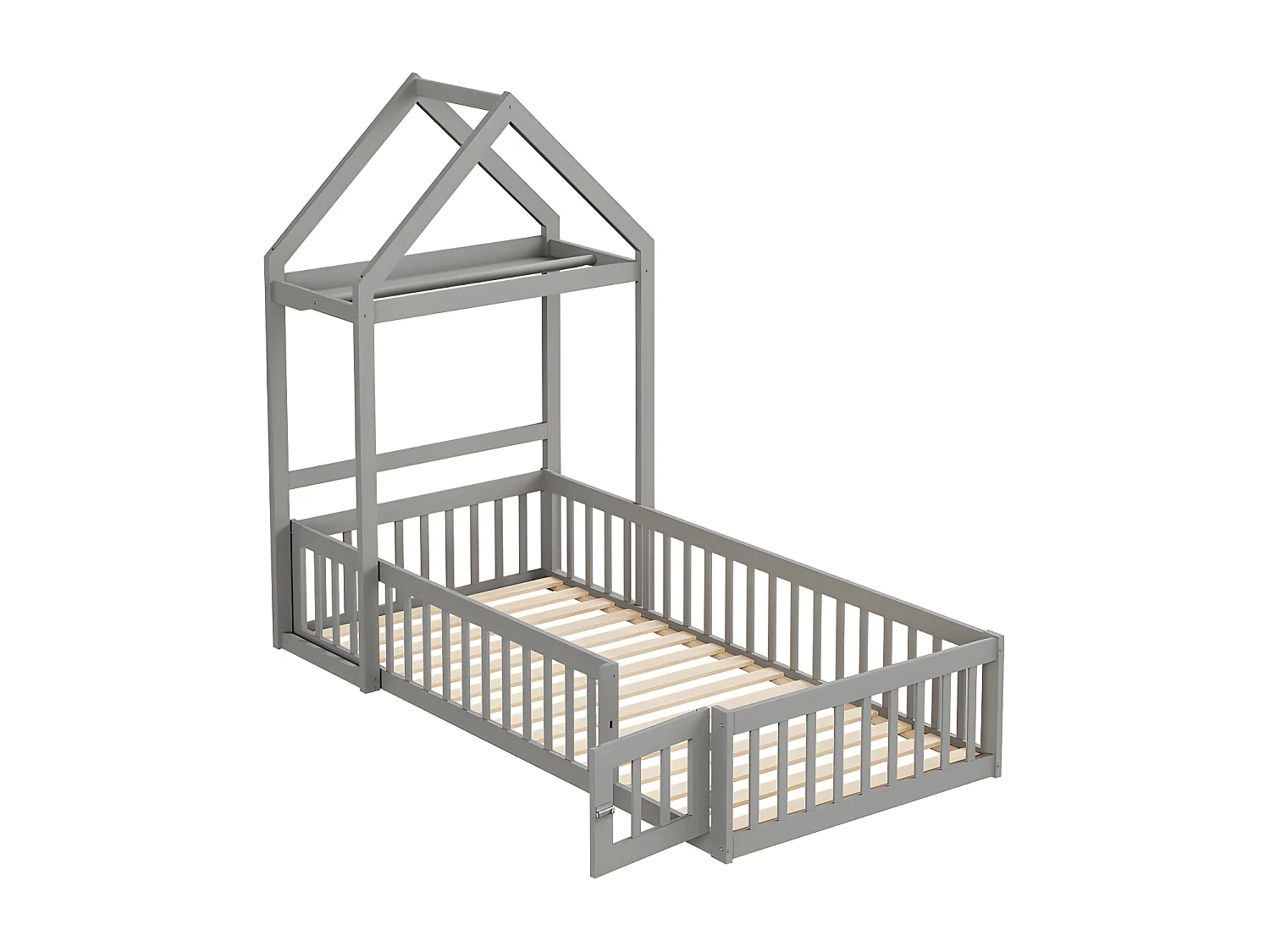 Lit enfant cabane 90x200cm en bois massif - avec tringle à vêtements - Gris