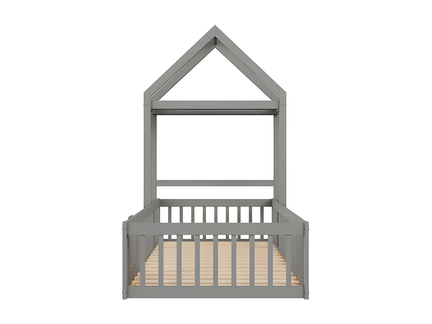 Lit enfant cabane 90x200cm en bois massif - avec tringle à vêtements - Gris
