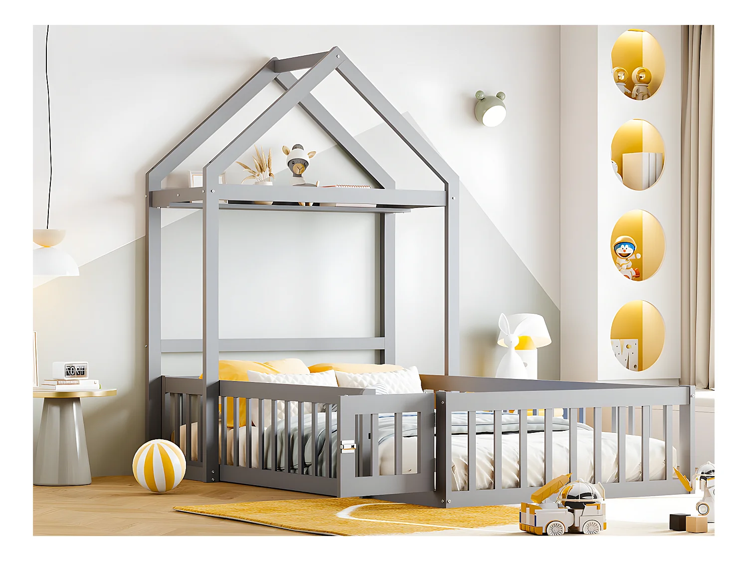Cabine kinderbed 90x200cm in massief hout - met kledingroede - Grijs