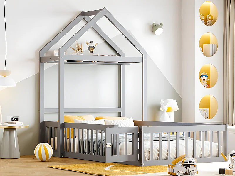 Cabine kinderbed 90x200cm in massief hout - met kledingroede - Grijs