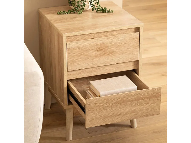 Table d'appoint Table de chevet 2 tiroirs Effet chêne naturel H 56 cm