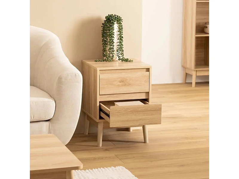 Table d'appoint Table de chevet 2 tiroirs Effet chêne naturel H 56 cm