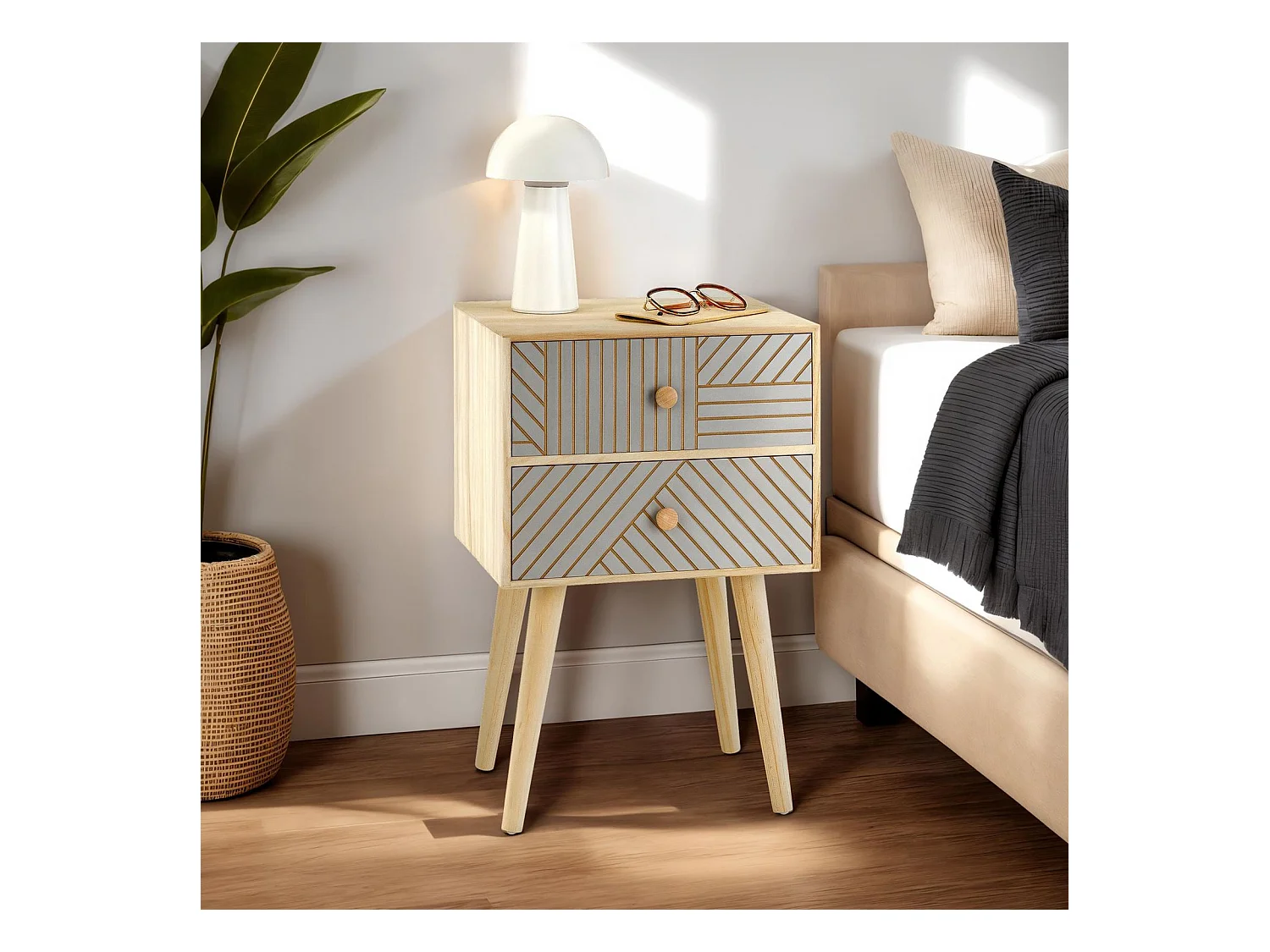 Table de chevet PELO petite commode de nuit avec 2 tiroirs rainurés, en bois de paulownia naturel et gris