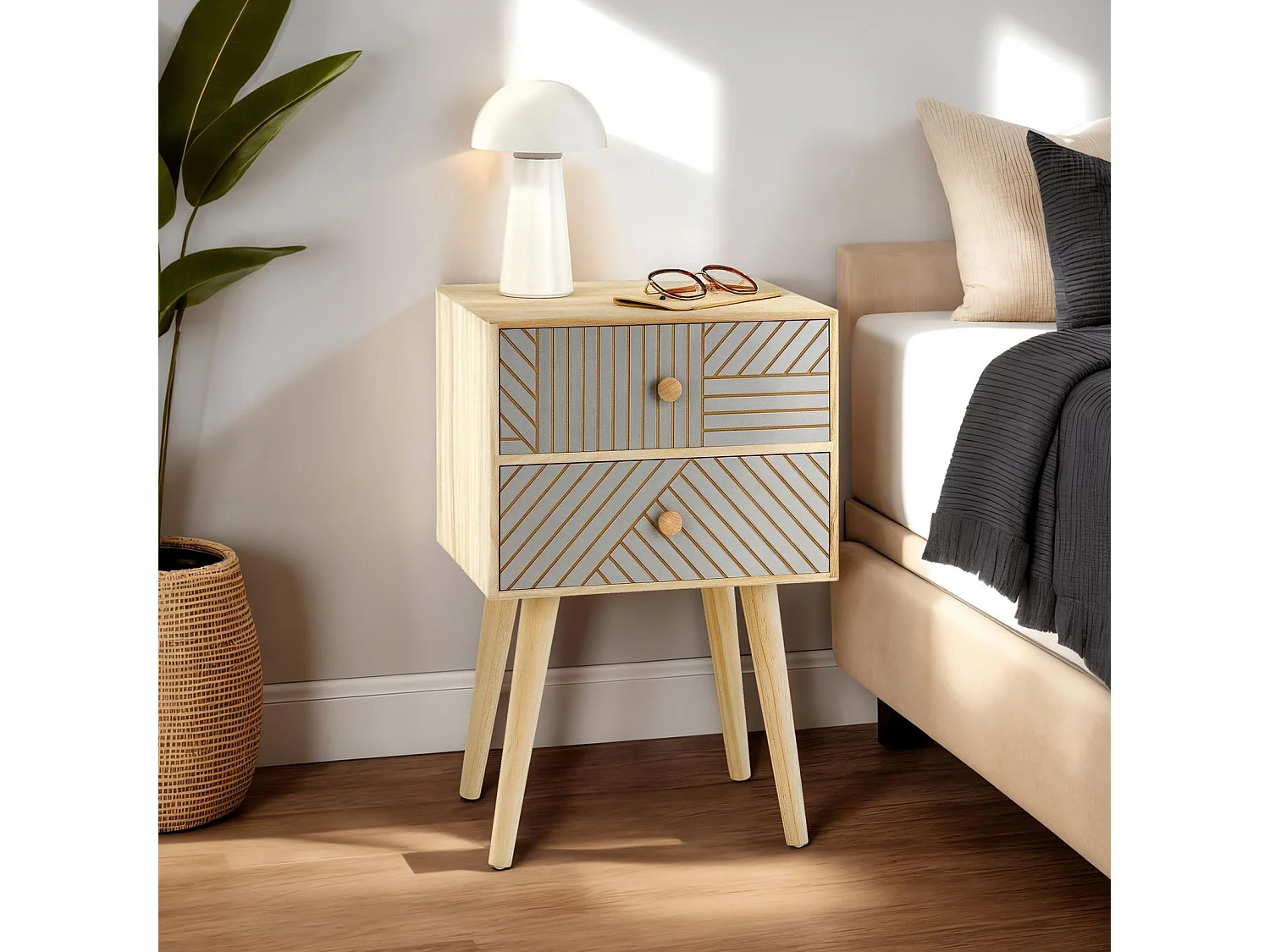 Table de chevet PELO petite commode de nuit avec 2 tiroirs rainurés, en bois de paulownia naturel et gris