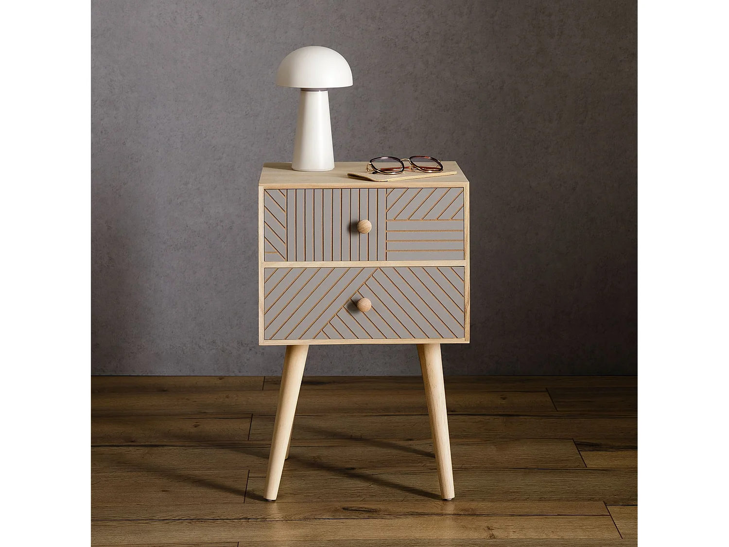 Table de chevet PELO petite commode de nuit avec 2 tiroirs rainurés, en bois de paulownia naturel et gris