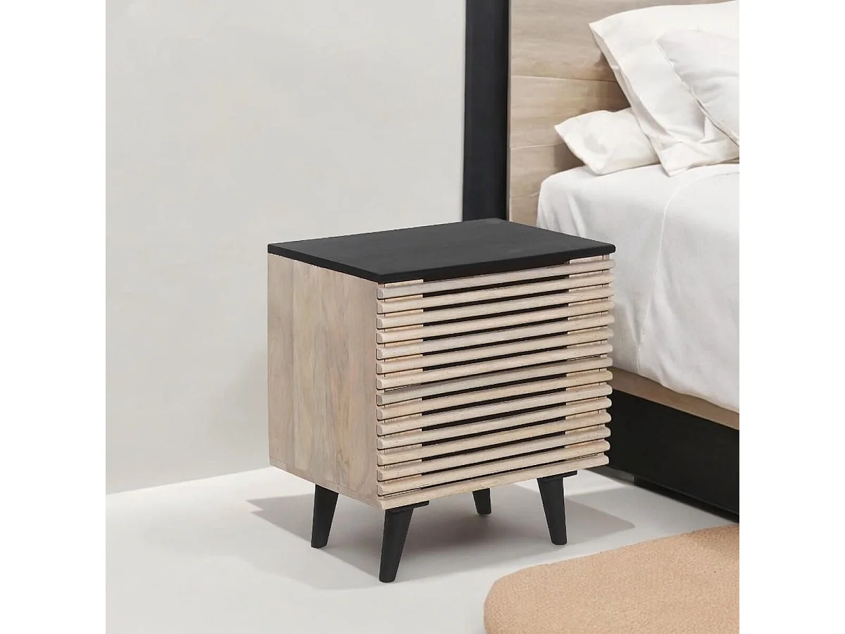 VENITIEN - Chevet 2 Tiroirs en Manguier Massif et Noir Façades Ajourées