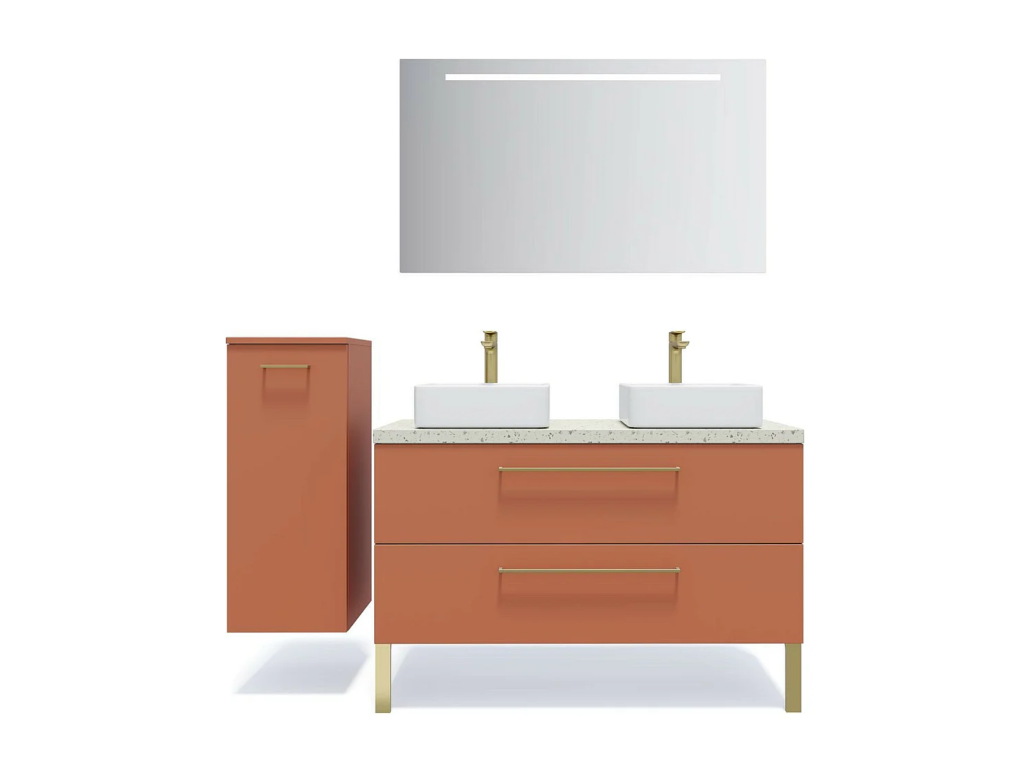 Meuble de salle de bain suspendu 2 vasques à poser 120cm 2 tiroirs Terracotta + miroir - Glasgow
