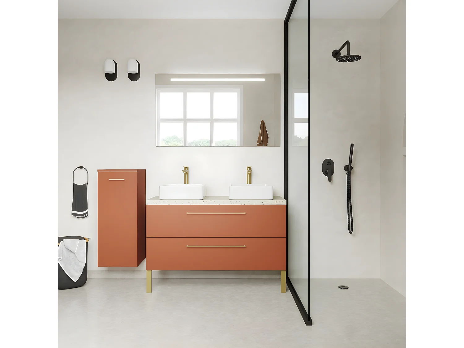 Meuble de salle de bain suspendu 2 vasques à poser 120cm 2 tiroirs Terracotta + miroir - Glasgow