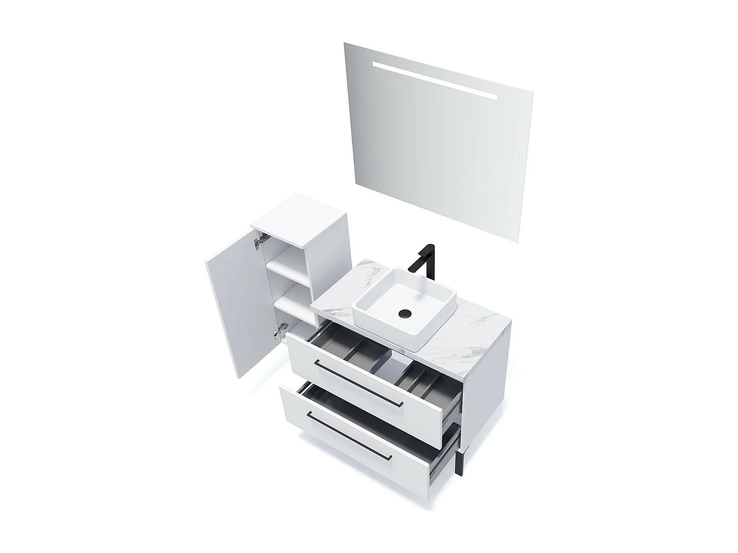 Meuble de salle de bain suspendu vasque à poser 90cm 2 tiroirs Blanc + miroir - Glasgow