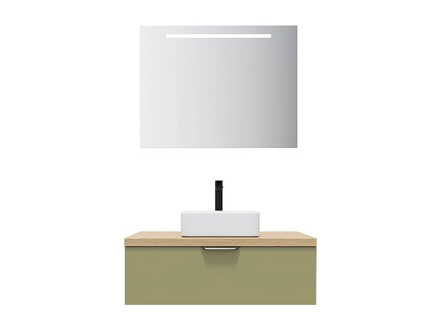 Meuble de salle de bain suspendu vasque à poser 90cm 1 tiroir Vert olive + miroir - Soho