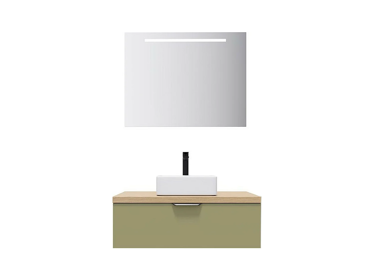 Meuble de salle de bain suspendu vasque à poser 90cm 1 tiroir Vert olive + miroir - Soho