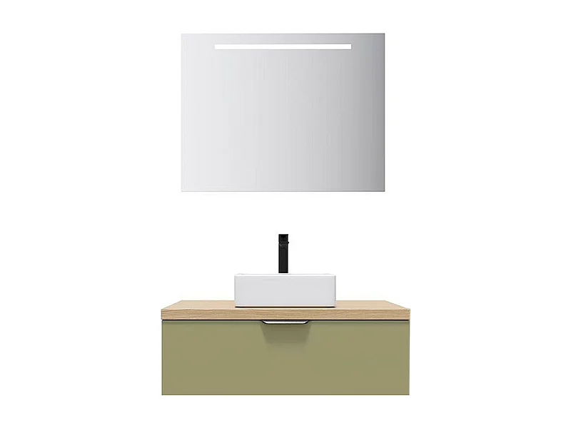 Meuble de salle de bain suspendu vasque à poser 90cm 1 tiroir Vert olive + miroir - Soho