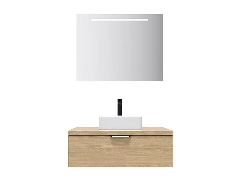 Meuble de salle de bain suspendu vasque à poser 90cm 1 tiroir Chêne clair + miroir - Soho