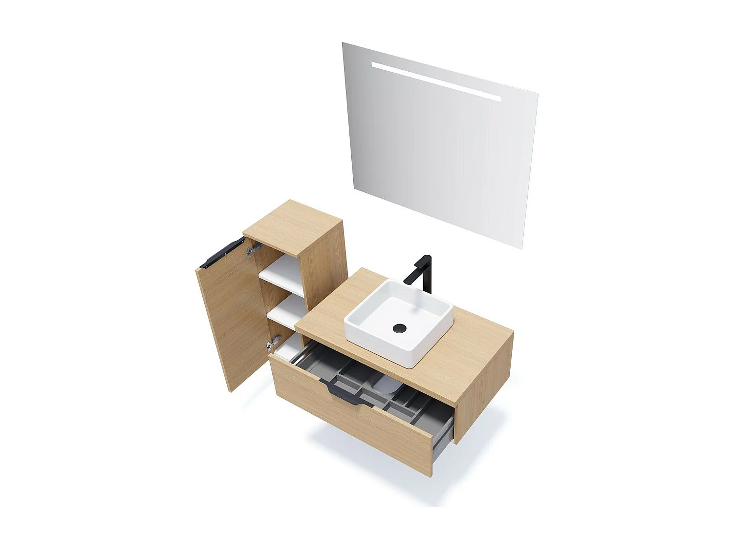 Meuble de salle de bain suspendu vasque à poser 90cm 1 tiroir Chêne clair + miroir - Soho
