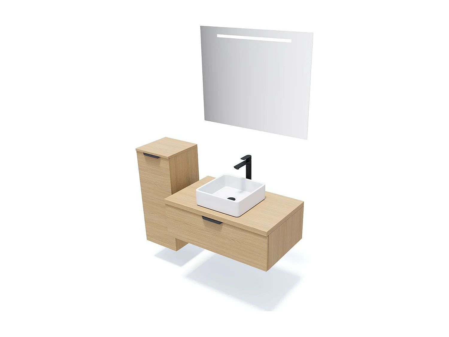 Meuble de salle de bain suspendu vasque à poser 90cm 1 tiroir Chêne clair + miroir - Soho