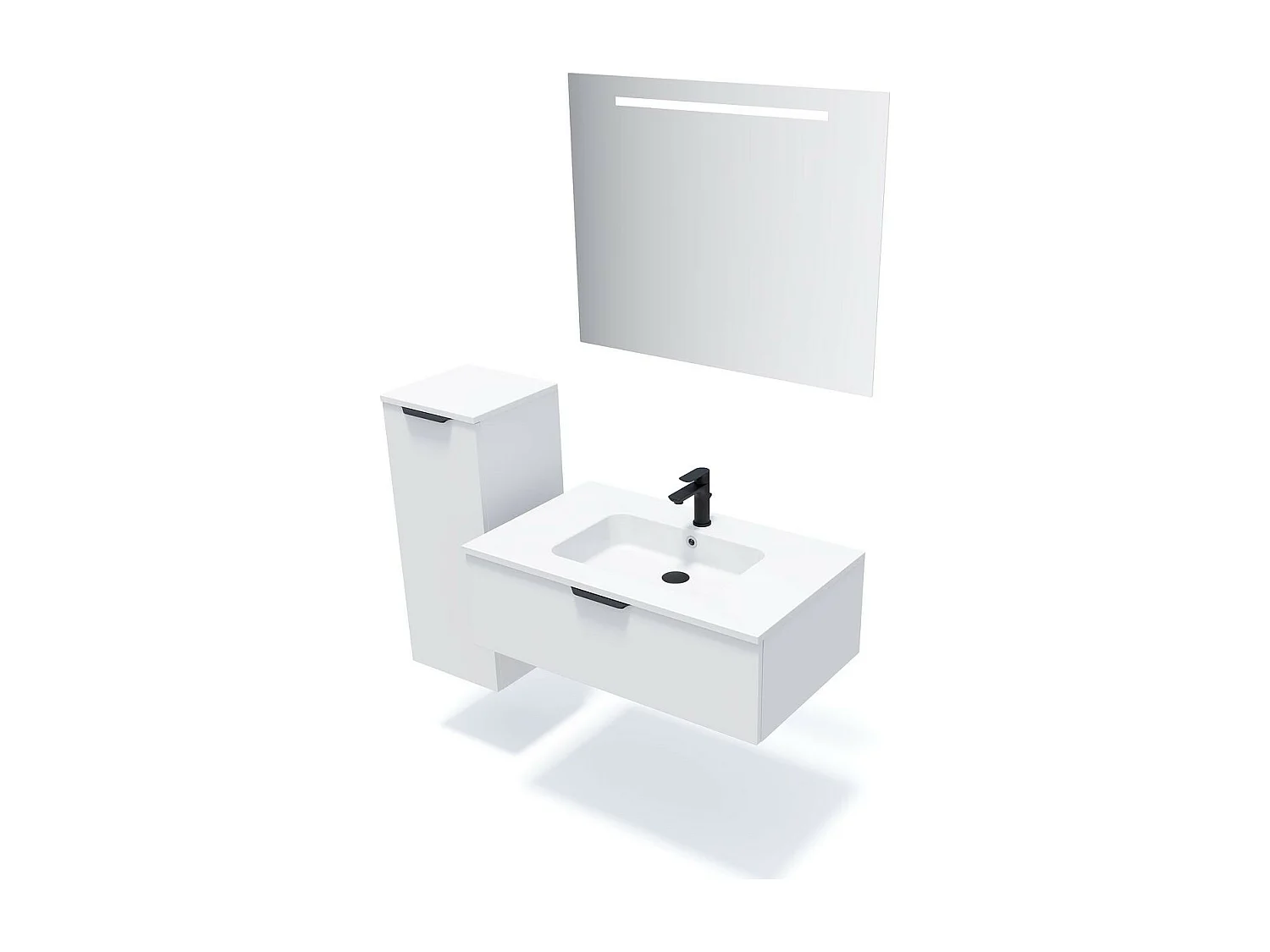Meuble de salle de bain suspendu vasque intégrée 90cm 1 tiroir Blanc + miroir - Soho