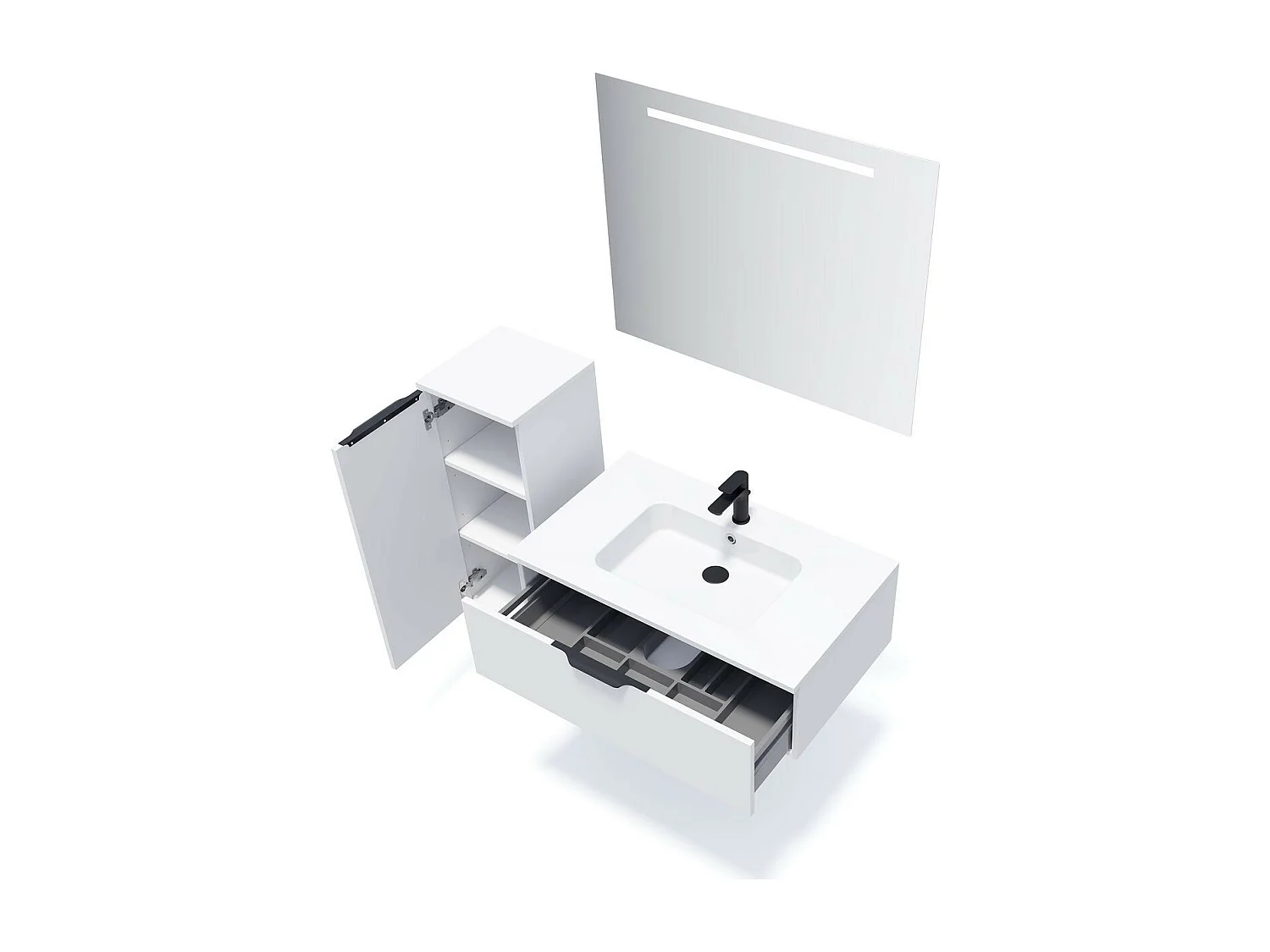 Meuble de salle de bain suspendu vasque intégrée 90cm 1 tiroir Blanc + miroir - Soho