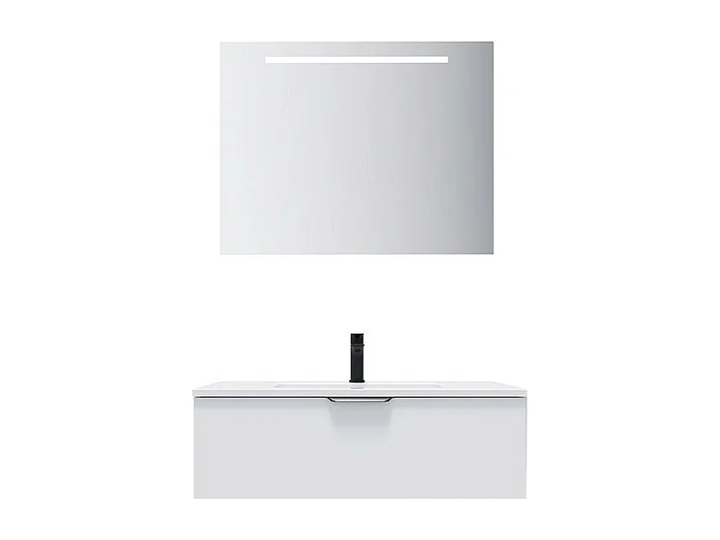 Meuble de salle de bain suspendu vasque intégrée 90cm 1 tiroir Blanc + miroir - Soho