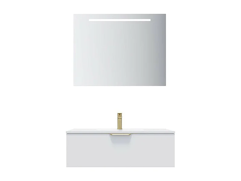 Meuble de salle de bain suspendu vasque intégrée 90cm 1 tiroir Blanc + miroir - Venice