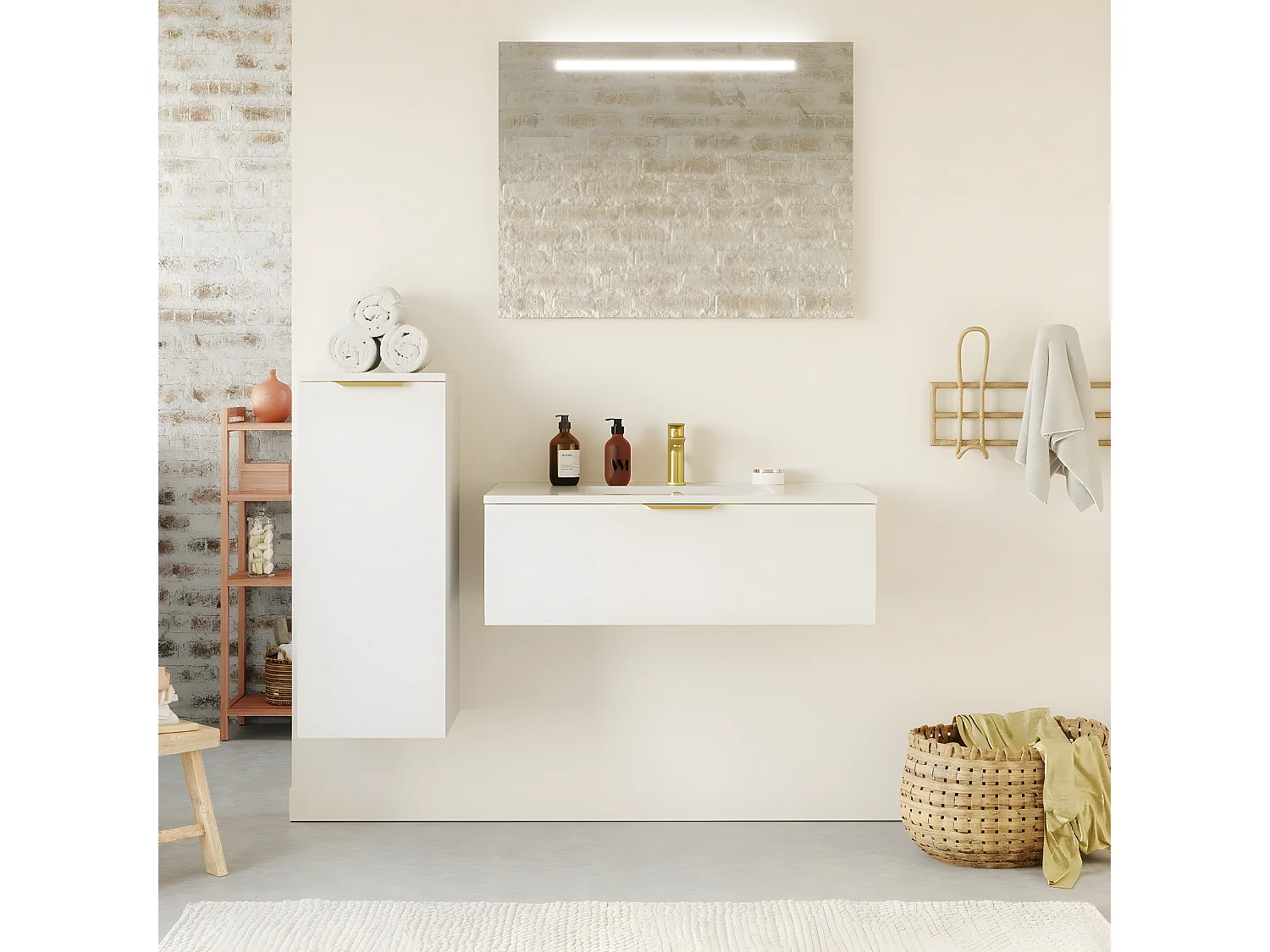 Meuble de salle de bain suspendu vasque intégrée 90cm 1 tiroir Blanc + miroir - Venice