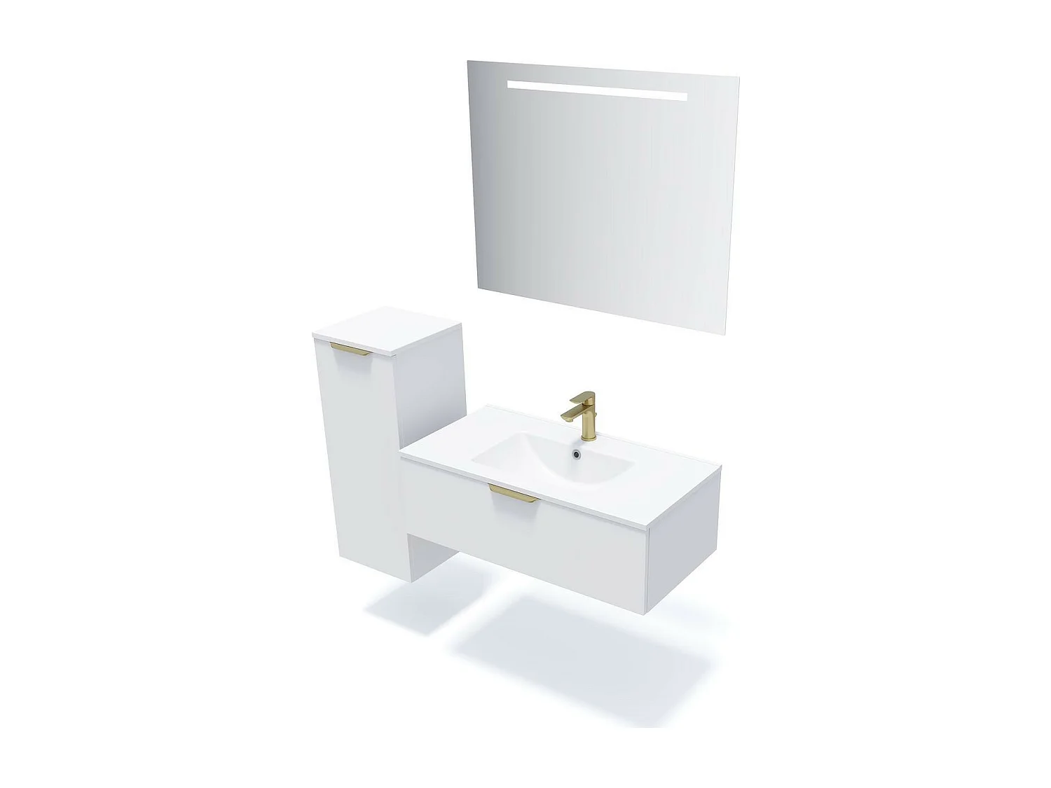 Meuble de salle de bain suspendu vasque intégrée 90cm 1 tiroir Blanc + miroir - Venice