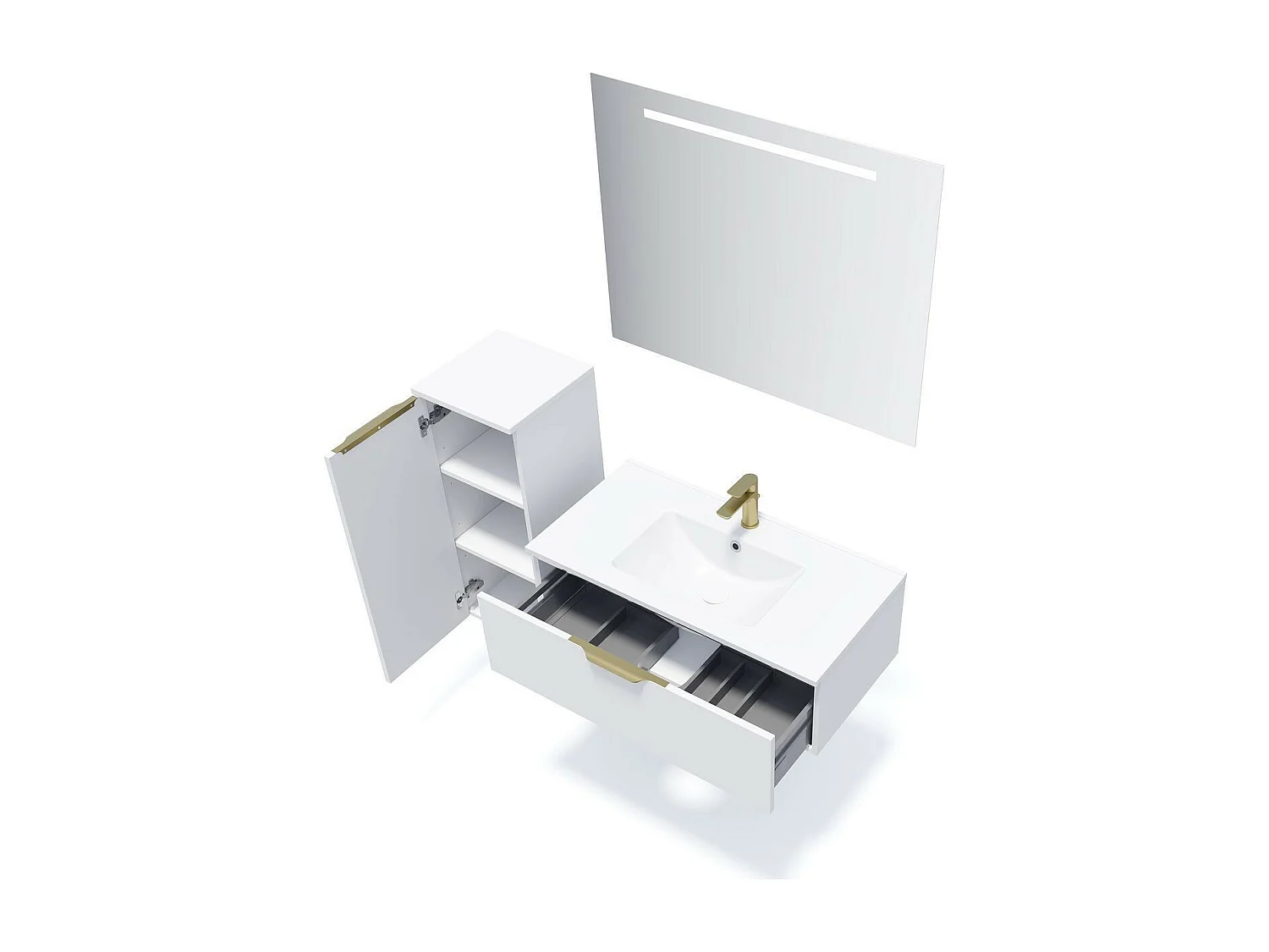 Meuble de salle de bain suspendu vasque intégrée 90cm 1 tiroir Blanc + miroir - Venice