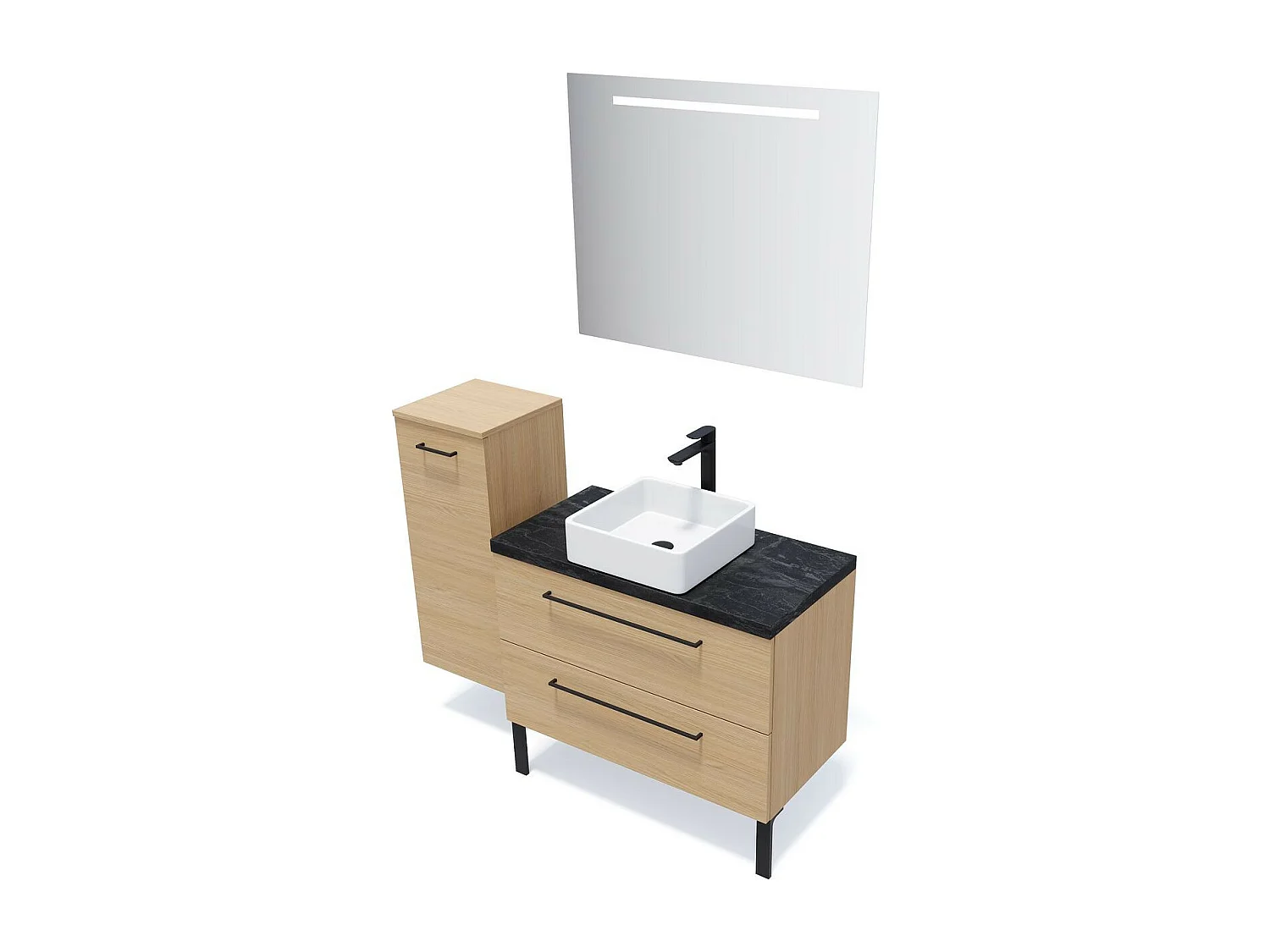 Meuble de salle de bain suspendu vasque à poser 90cm 2 tiroirs Chêne clair + miroir - Glasgow