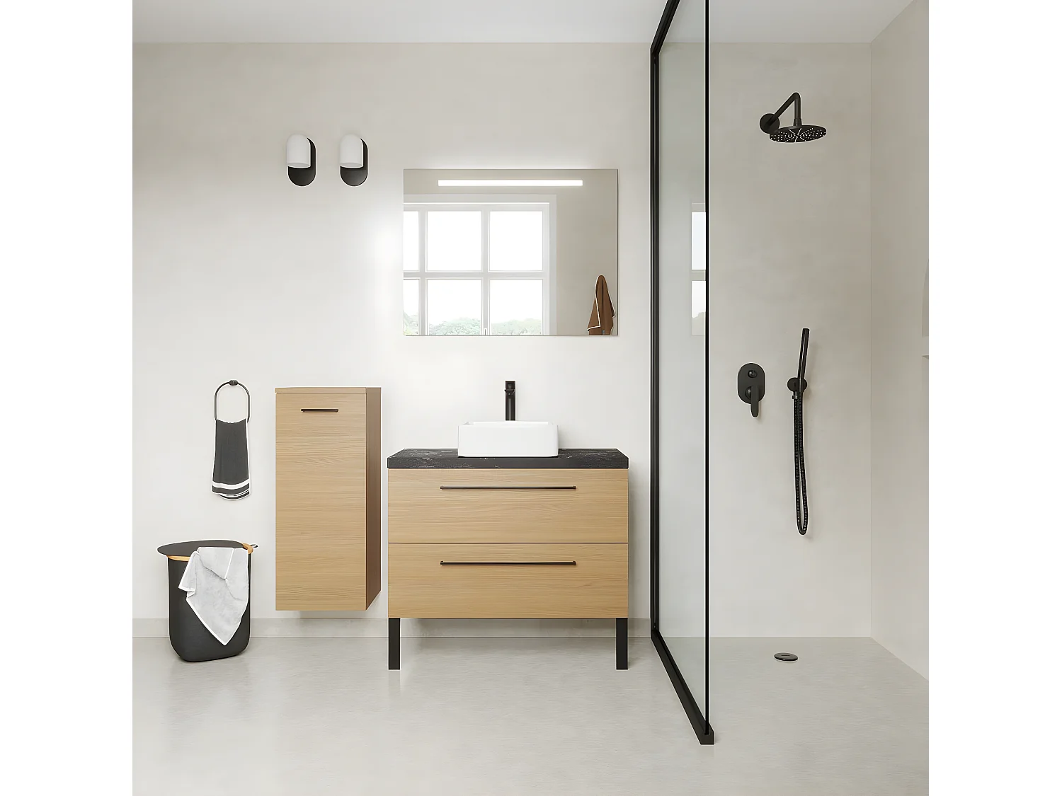 Meuble de salle de bain suspendu vasque à poser 90cm 2 tiroirs Chêne clair + miroir - Glasgow