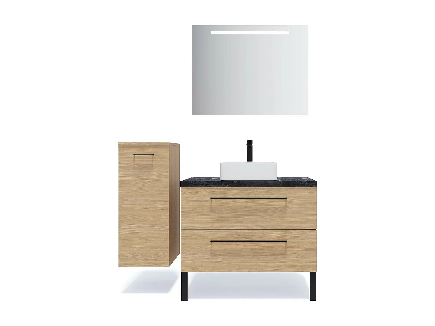 Meuble de salle de bain suspendu vasque à poser 90cm 2 tiroirs Chêne clair + miroir - Glasgow