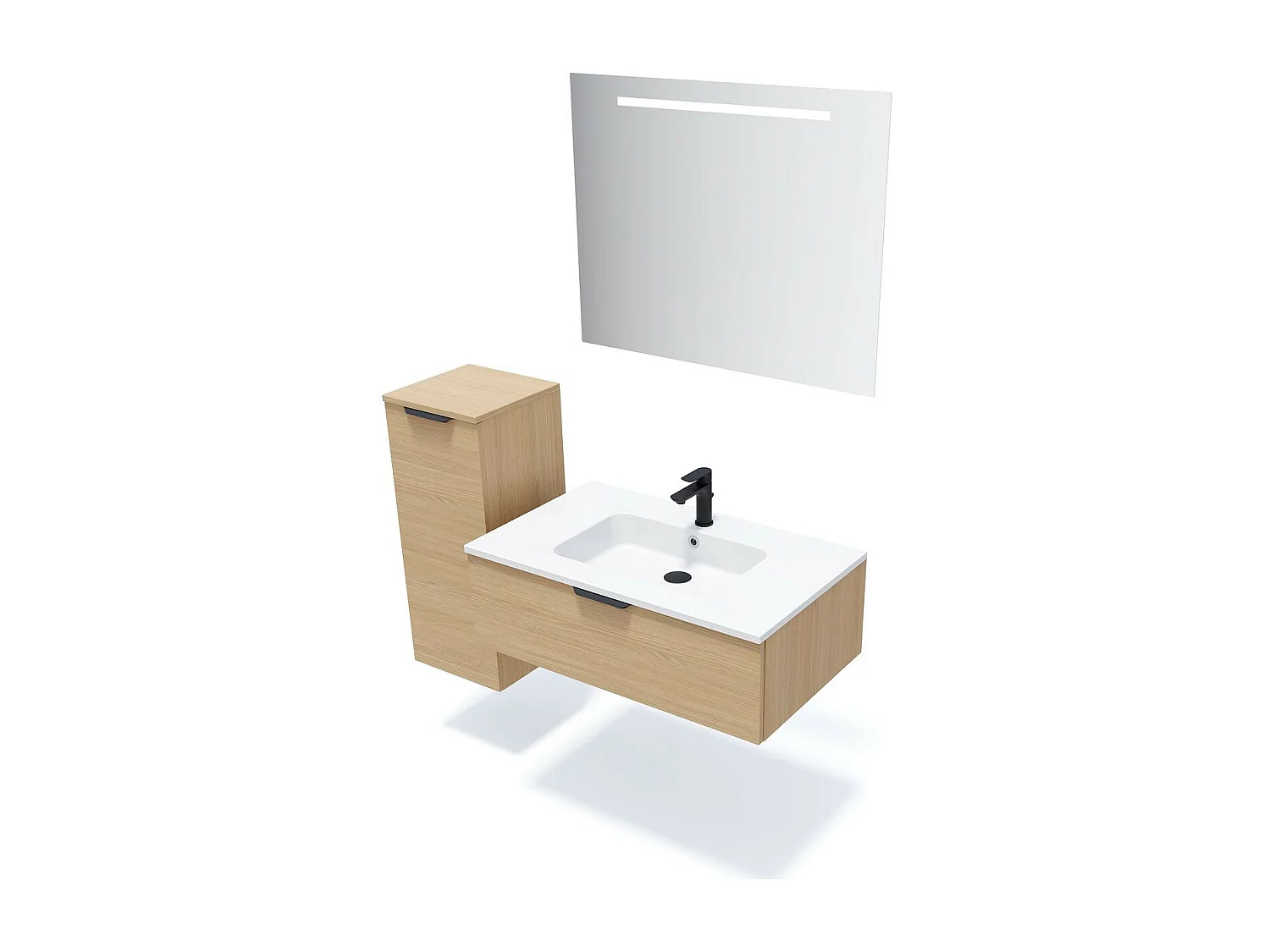 Meuble de salle de bain suspendu vasque intégrée 90cm 1 tiroir Chêne clair + miroir - Soho