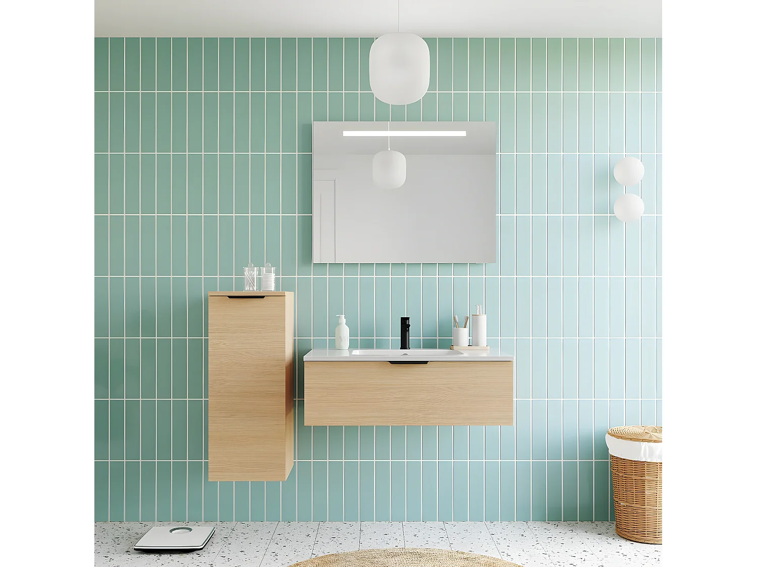 Meuble de salle de bain suspendu vasque intégrée 90cm 1 tiroir Chêne clair + miroir - Soho