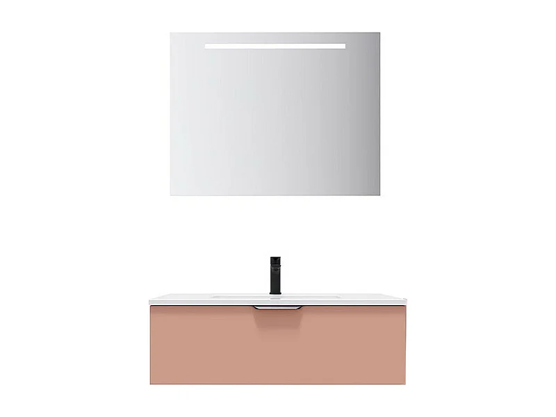 Meuble de salle de bain suspendu vasque intégrée 90cm 1 tiroir Abricot + miroir - Soho
