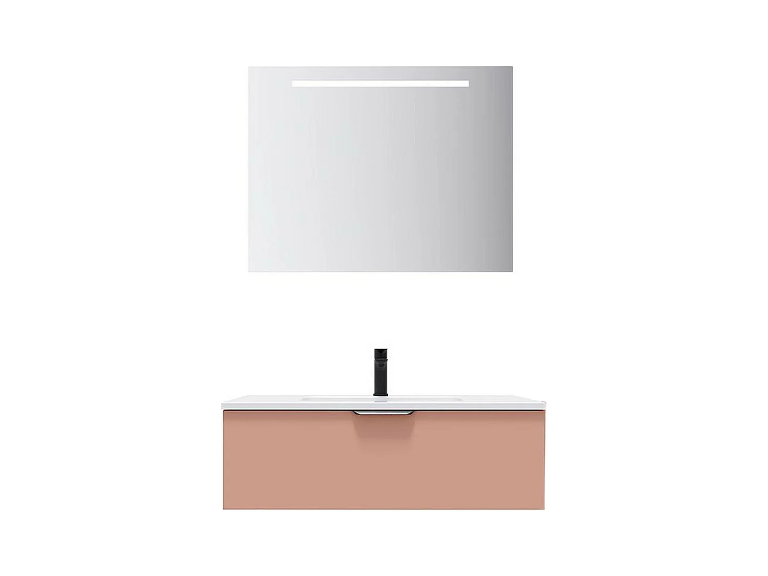 Meuble de salle de bain suspendu vasque intégrée 90cm 1 tiroir Abricot + miroir - Soho