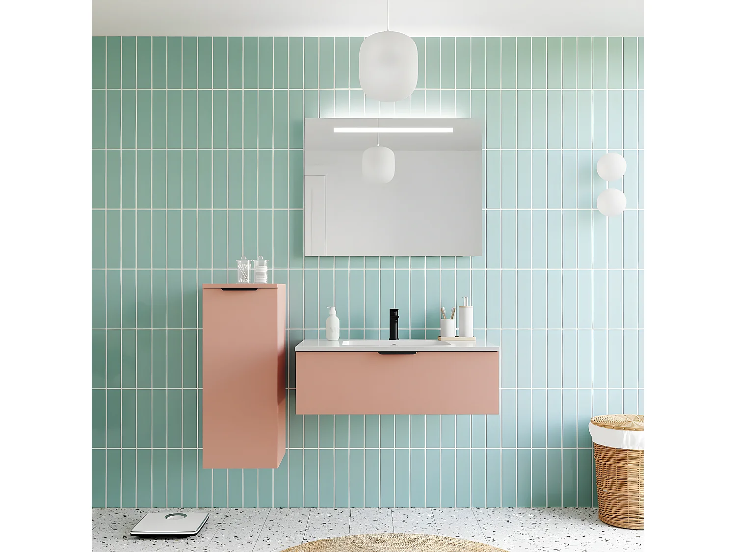 Meuble de salle de bain suspendu vasque intégrée 90cm 1 tiroir Abricot + miroir - Soho