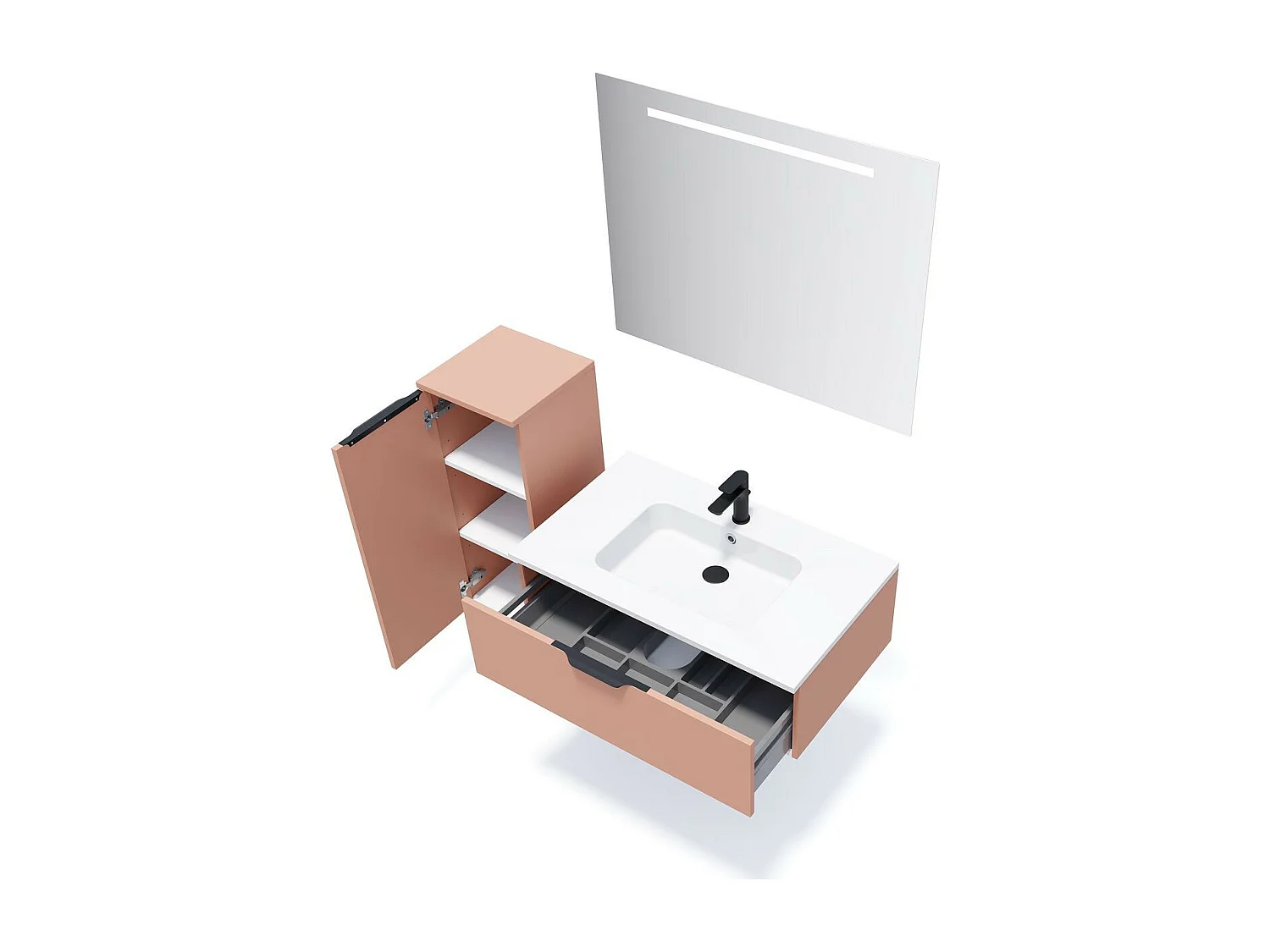 Meuble de salle de bain suspendu vasque intégrée 90cm 1 tiroir Abricot + miroir - Soho