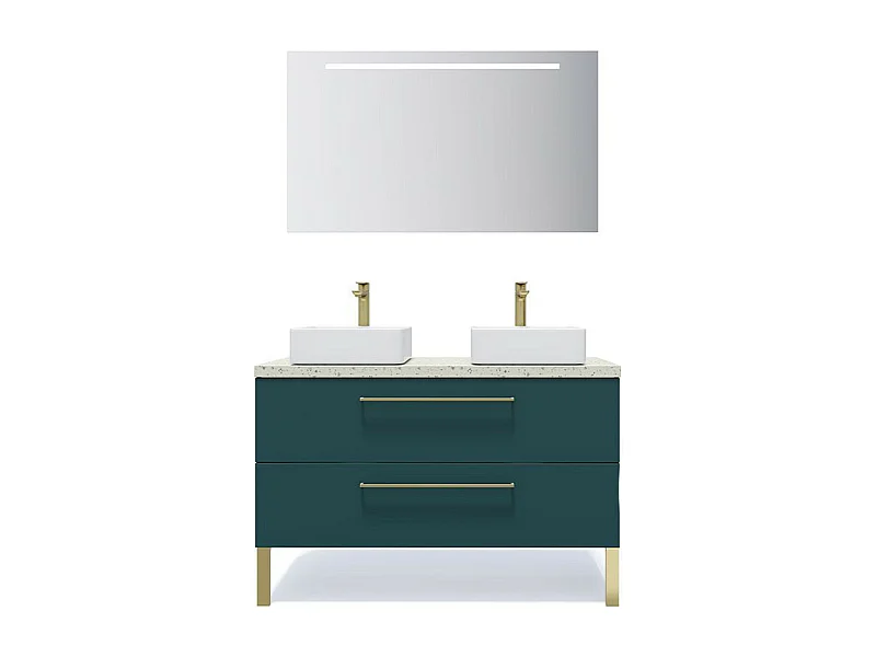 Meuble de salle de bain suspendu 2 vasques à poser 120cm 2 tiroirs Bleu + miroir - Glasgow