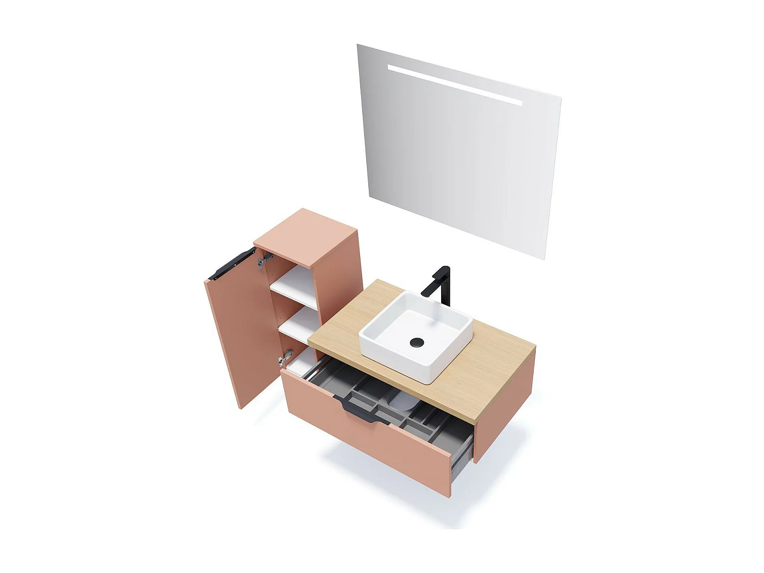 Meuble de salle de bain suspendu vasque à poser 90cm 1 tiroir Abricot + miroir - Soho