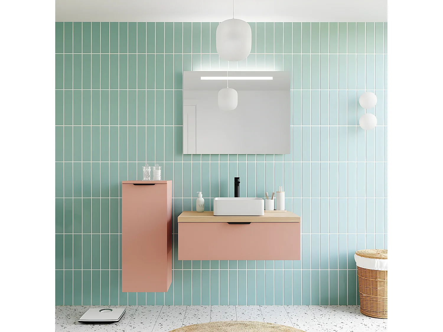 Meuble de salle de bain suspendu vasque à poser 90cm 1 tiroir Abricot + miroir - Soho